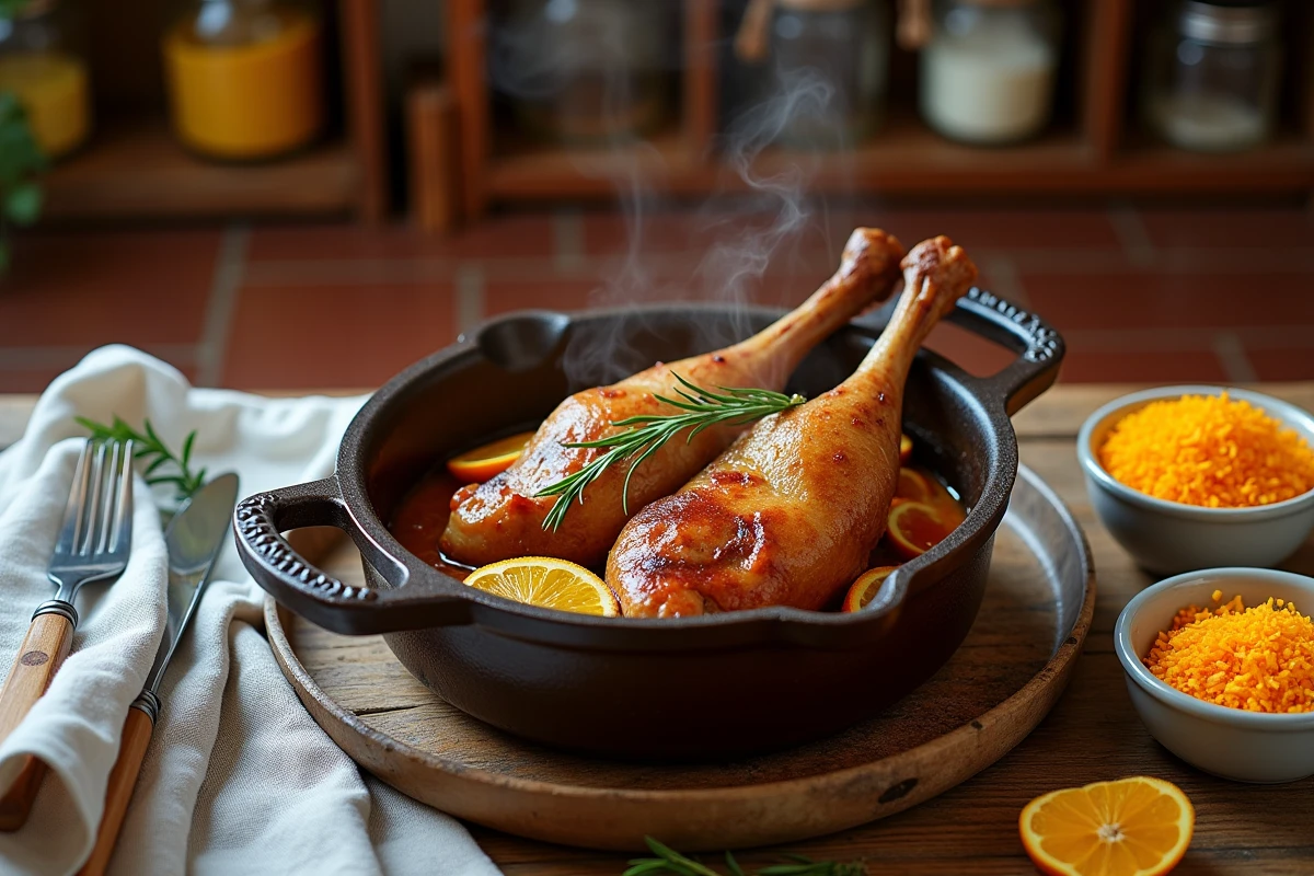 Cuisses de canard braisées à l'orange dans une cocotte en fonte rustique sur une table en chêne campagnarde