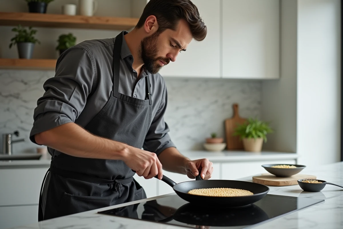 Homme cuisinant une feuille de brick sans gluten dans une poêle antiadhésive sur une plaque à induction dans une cuisine moderne