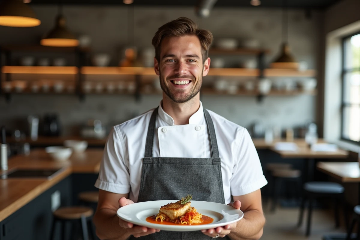 Danny Khezzar, Meilleur Talent de l'Année 2026, présentant fièrement une assiette gastronomique dans sa cuisine