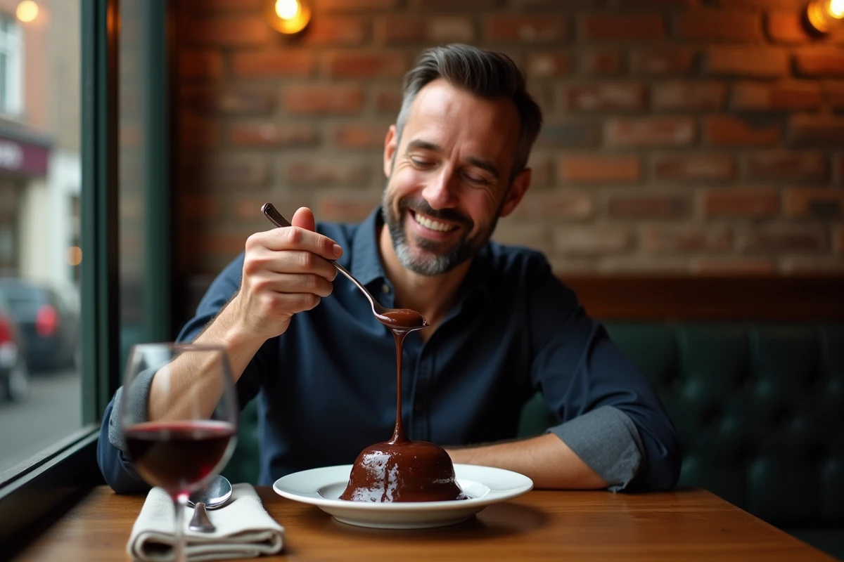 Homme dégustant un fondant au chocolat coulant dans un cadre bistrot parisien avec verre de vin rouge