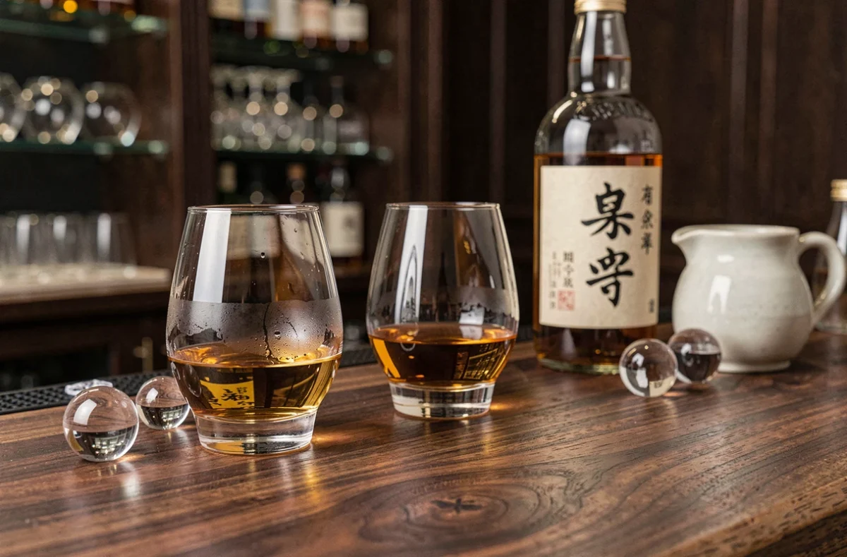 Dégustation de whisky japonais avec trois verres et une bouteille sur un comptoir en bois de noyer dans un bar intime