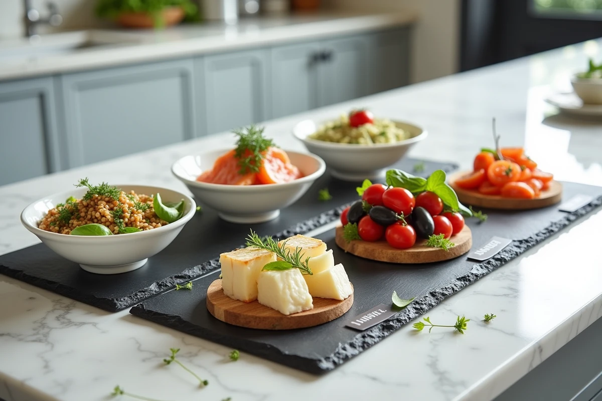 Détail de petits plats pour buffet froid individuel sur comptoir en marbre avec salades, saumon fumé, fromages et tomates cerises farcies pour un repas entre amis