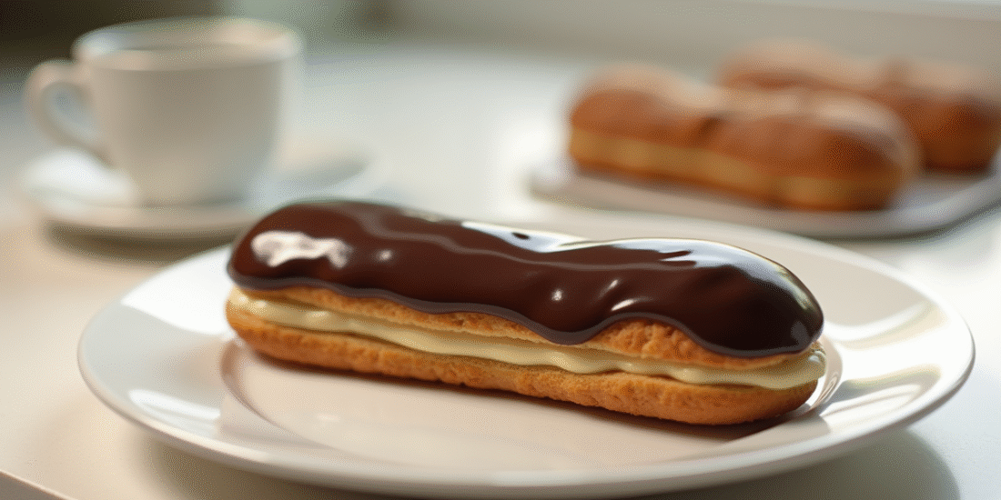 Éclair au chocolat fait maison sur assiette blanche