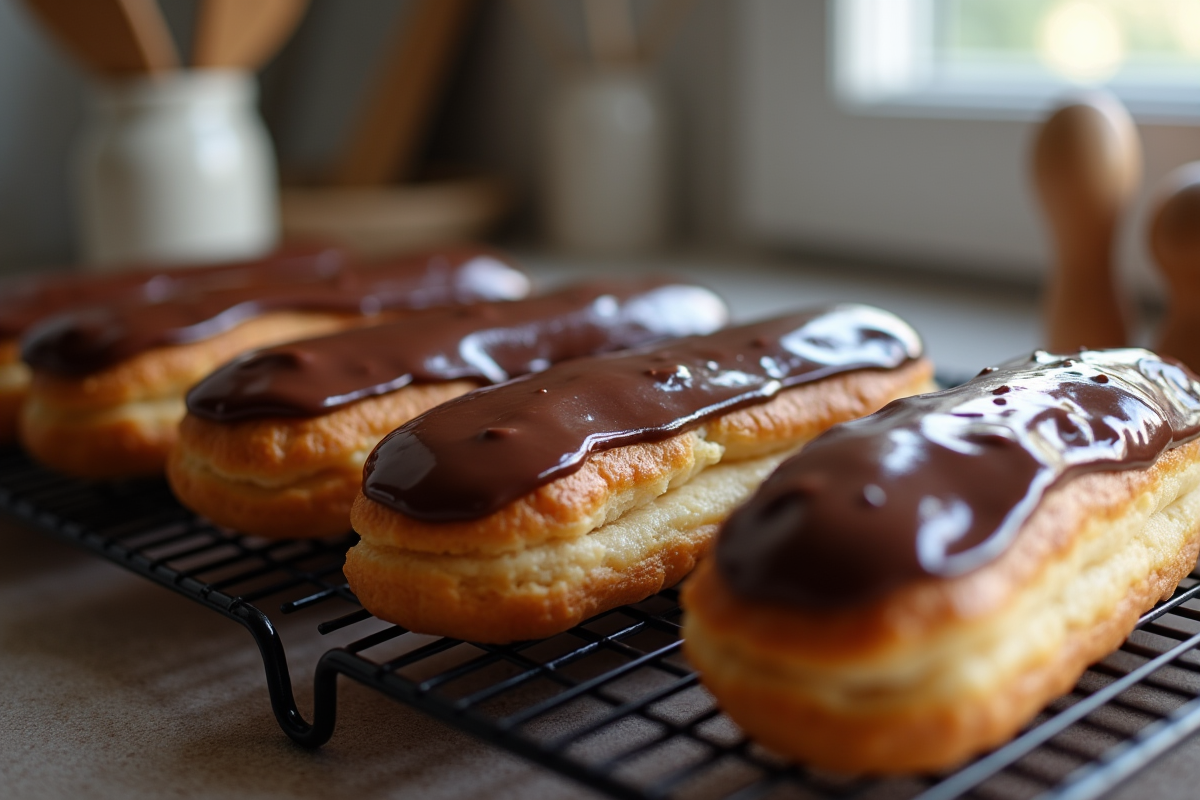 Plusieurs éclairs au chocolat sur grille de refroidissement