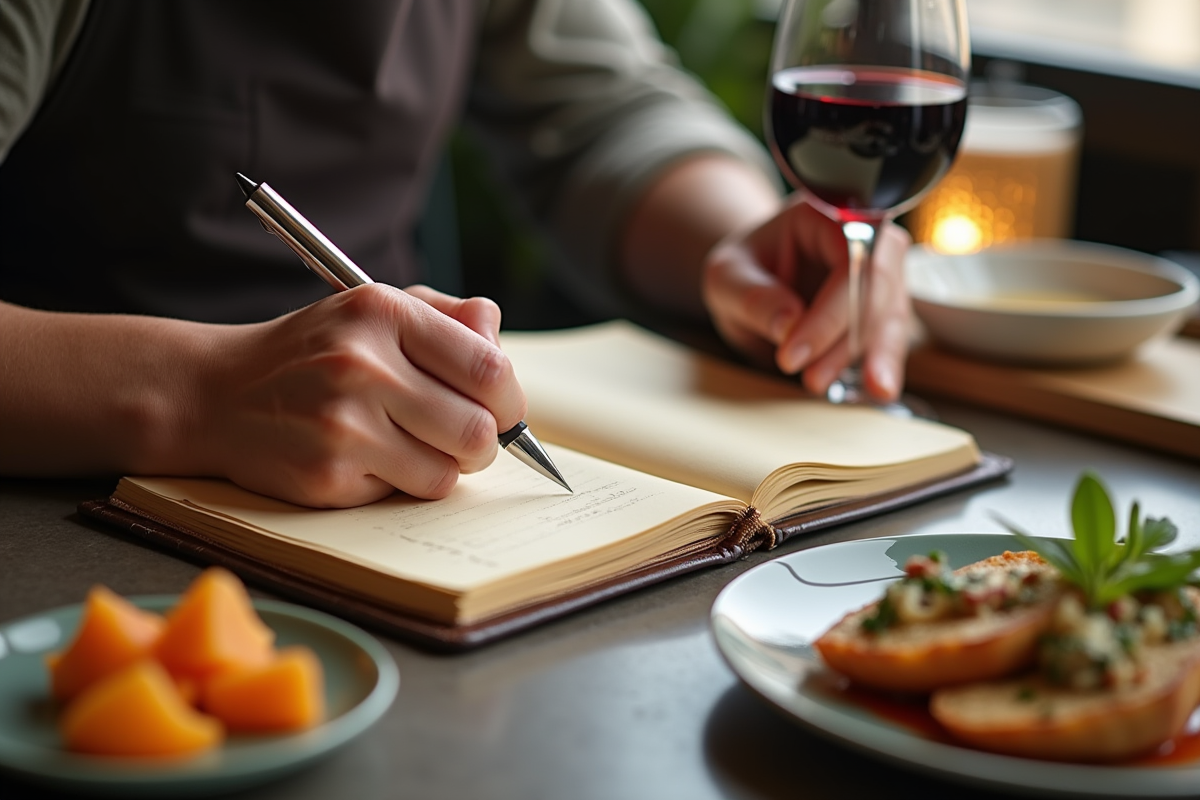Main écrivant des notes culinaires sur un carnet en restaurant