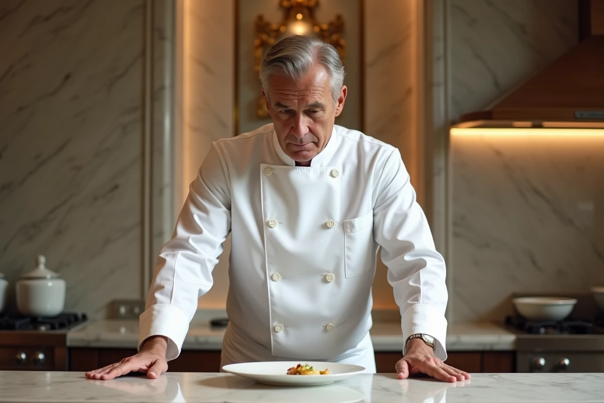Emmanuel Pilon, chef du restaurant Le Louis XV à Monaco, posant dans une cuisine luxueuse au design méditerranéen