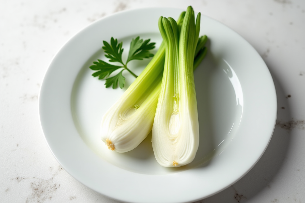 Endive coupée en deux sur une assiette blanche avec du persil