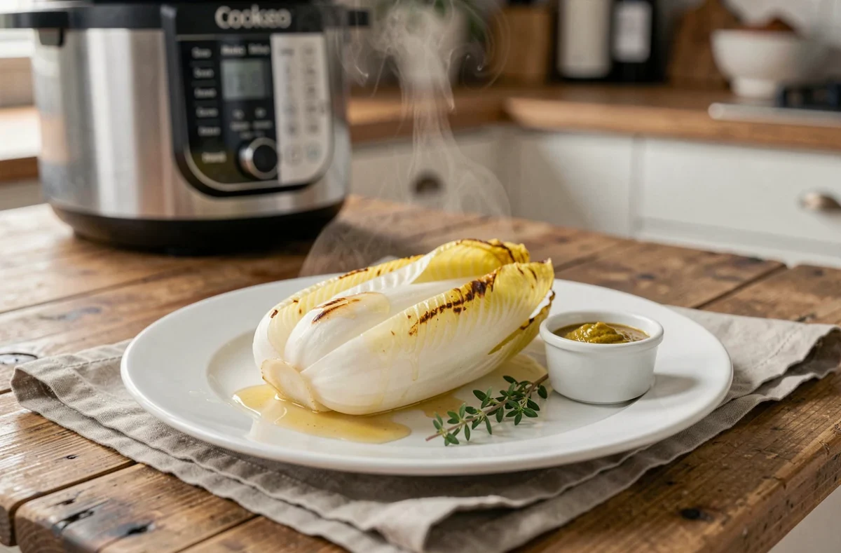 Endive cuite à la vapeur au Cookeo servie sur assiette avec vinaigrette et thym frais