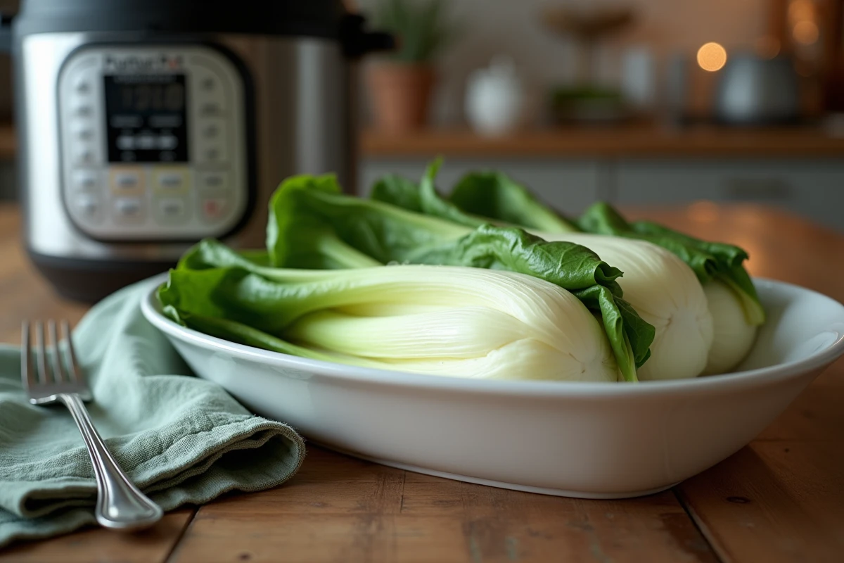 Endives cuites à la vapeur en cocotte minute servies dans un plat en céramique blanche sur une table en chêne