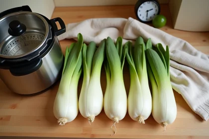 Endives fraîches disposées sur un plan de travail en bois à côté d'une cocotte minute ouverte avec panier vapeur