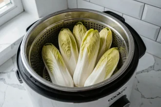 Endives fraîches placées dans le panier vapeur d'un Cookeo pour une cuisson à la vapeur précise