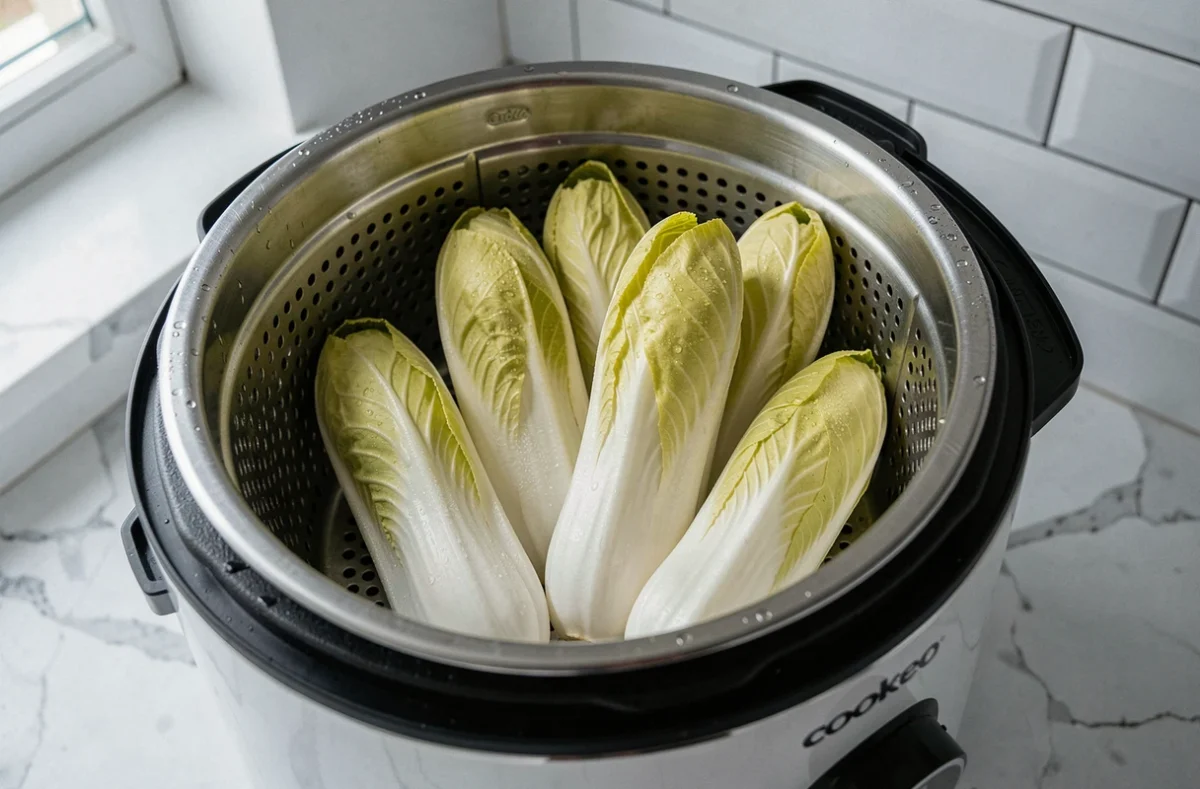 Endives fraîches placées dans le panier vapeur d'un Cookeo pour une cuisson à la vapeur précise