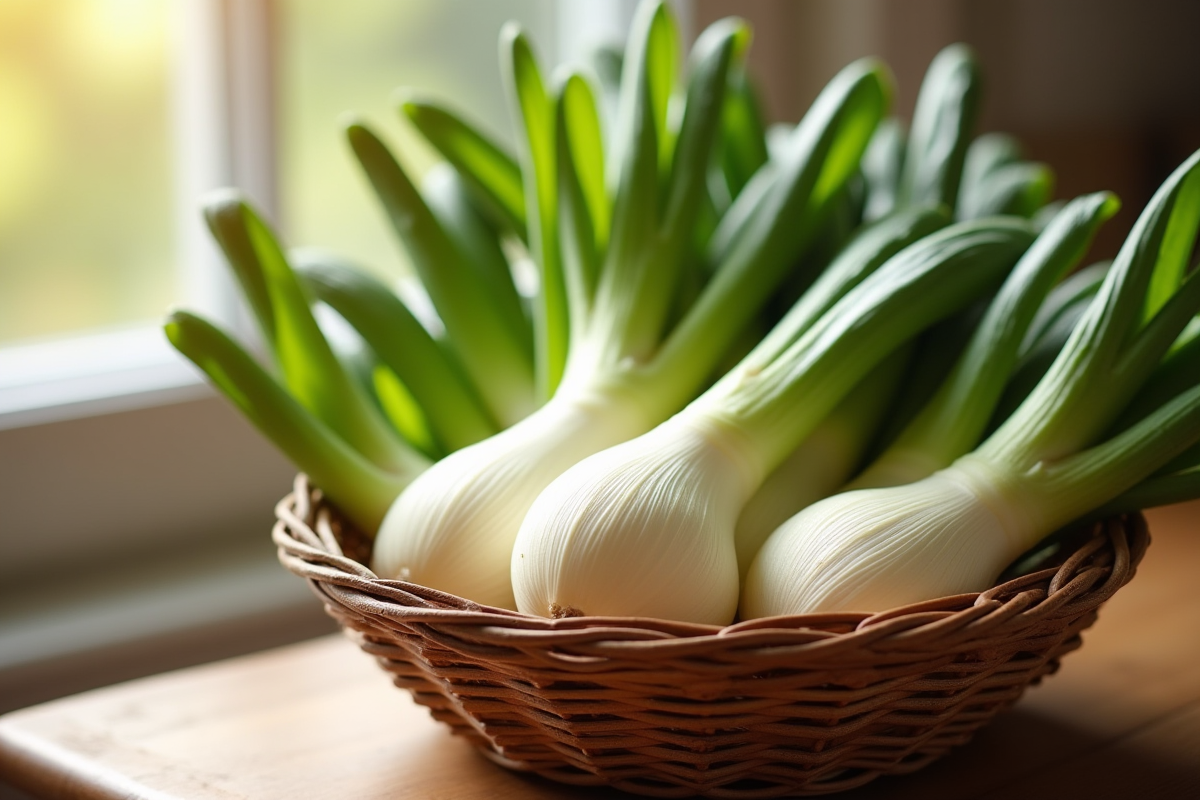 Endives fraîches dans un panier en bois sur une table ensoleillée