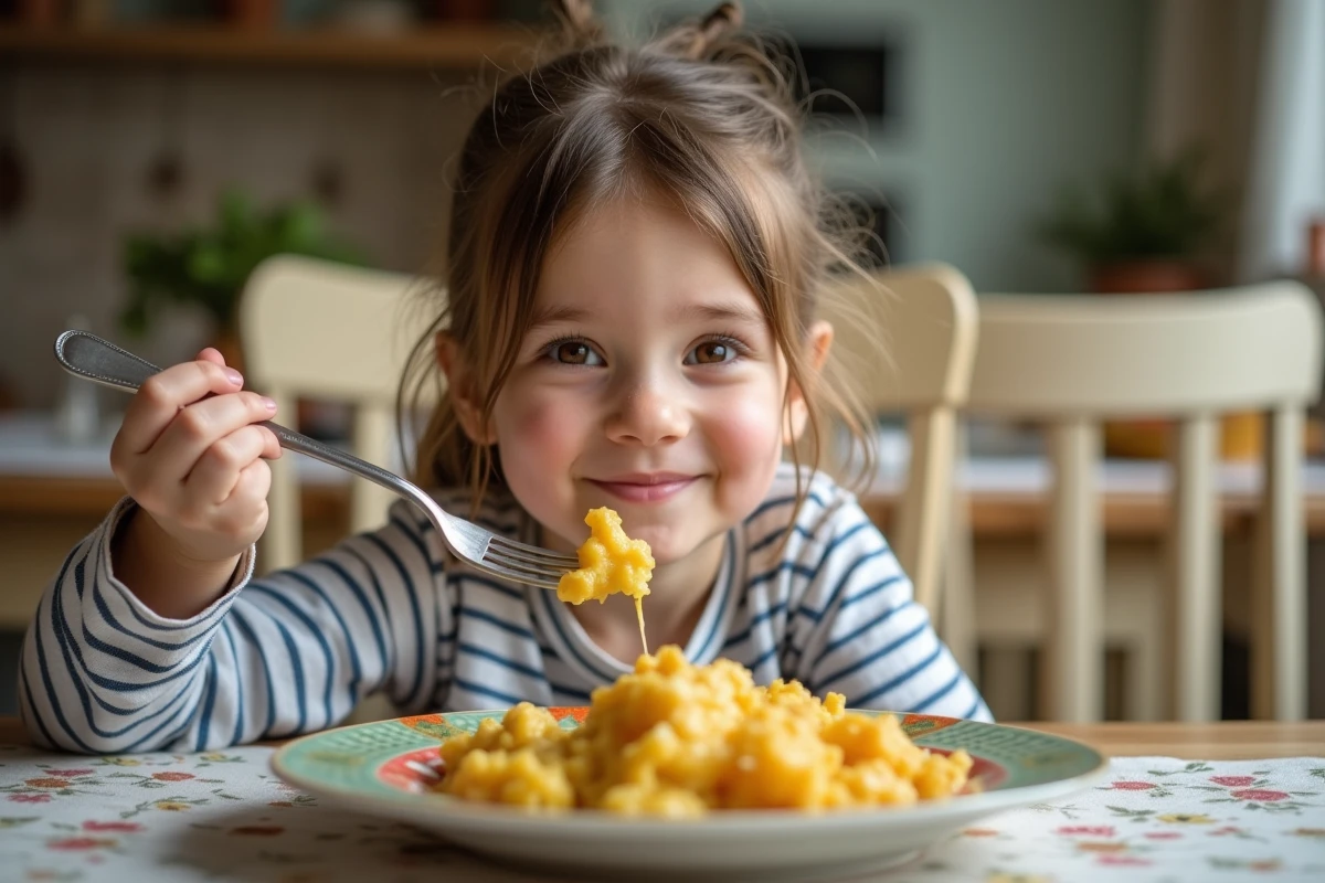 Enfant qui goûte avec curiosité un gratin de courge bleu de Hongrie au fromage à table