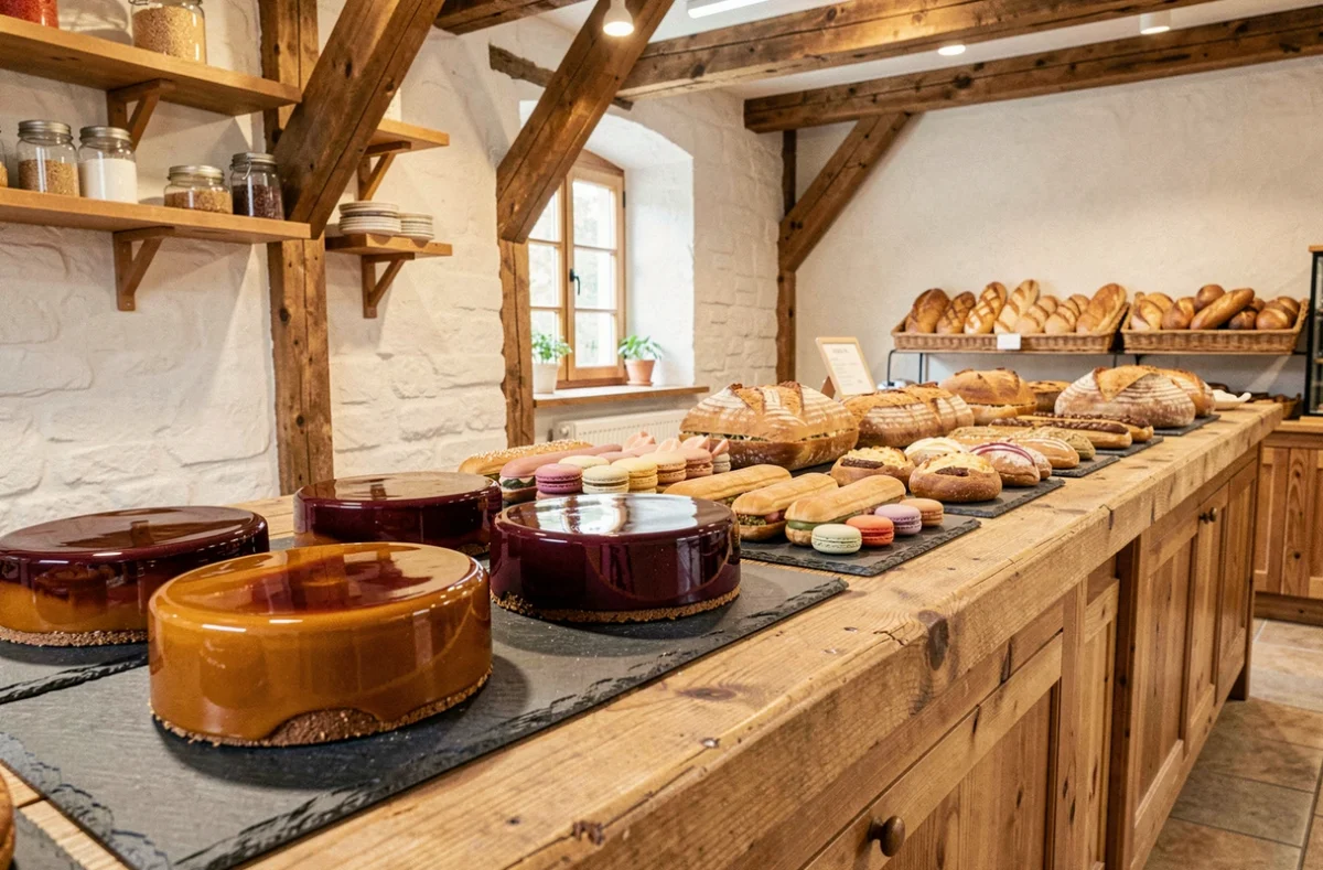 Vitrine de pâtisseries et entremets de la boulangerie Entremets Créations à Templeuve-en-Pévèle