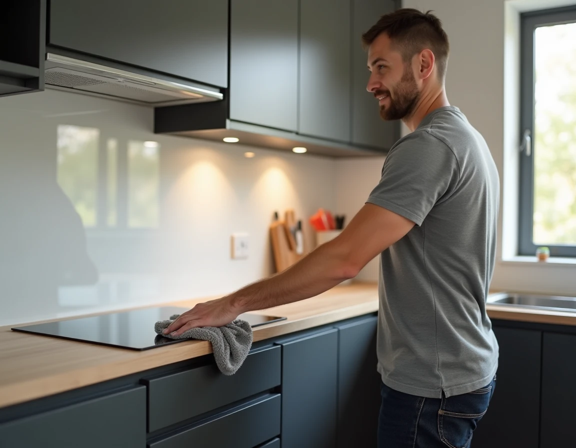 Homme nettoyant facilement une crédence laquée blanche dans une cuisine IKEA anthracite avec plan de travail en bois et fenêtre en arrière-plan