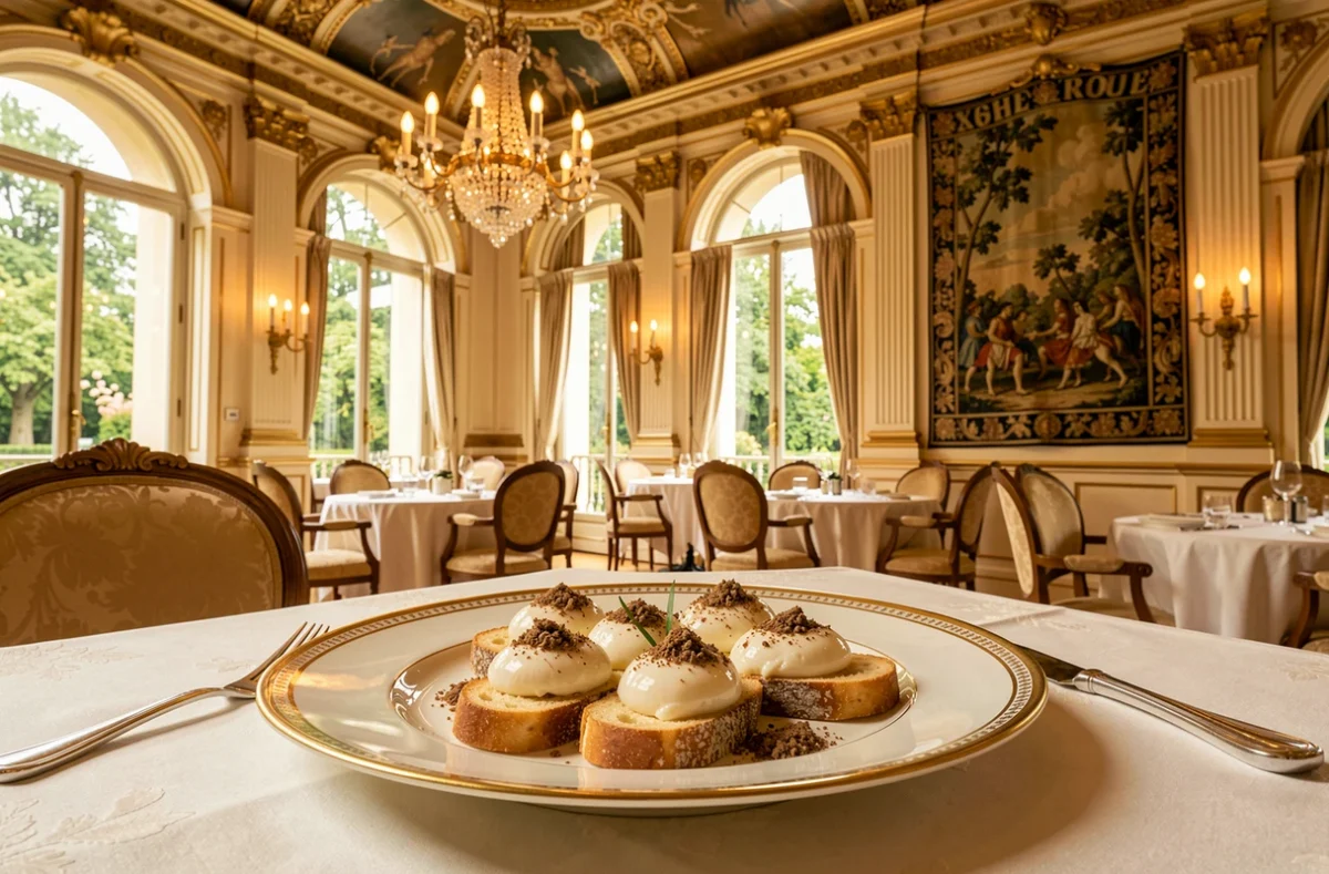 Présentation gastronomique raffinée au restaurant Épicure de l'Hôtel Le Bristol Paris avec décor palatial doré