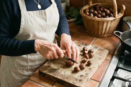 Femme épluchant une châtaigne avec un couteau sur une planche en bois dans une cuisine rustique