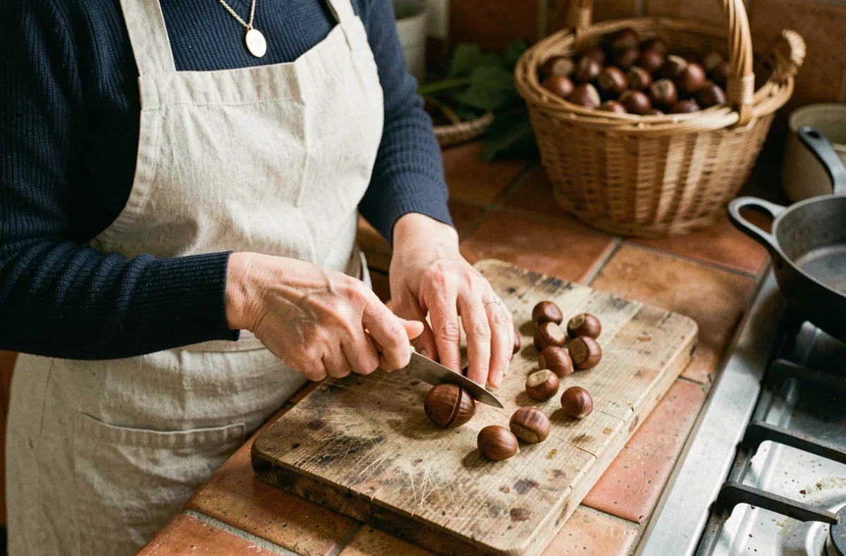 Femme épluchant une châtaigne avec un couteau sur une planche en bois dans une cuisine rustique