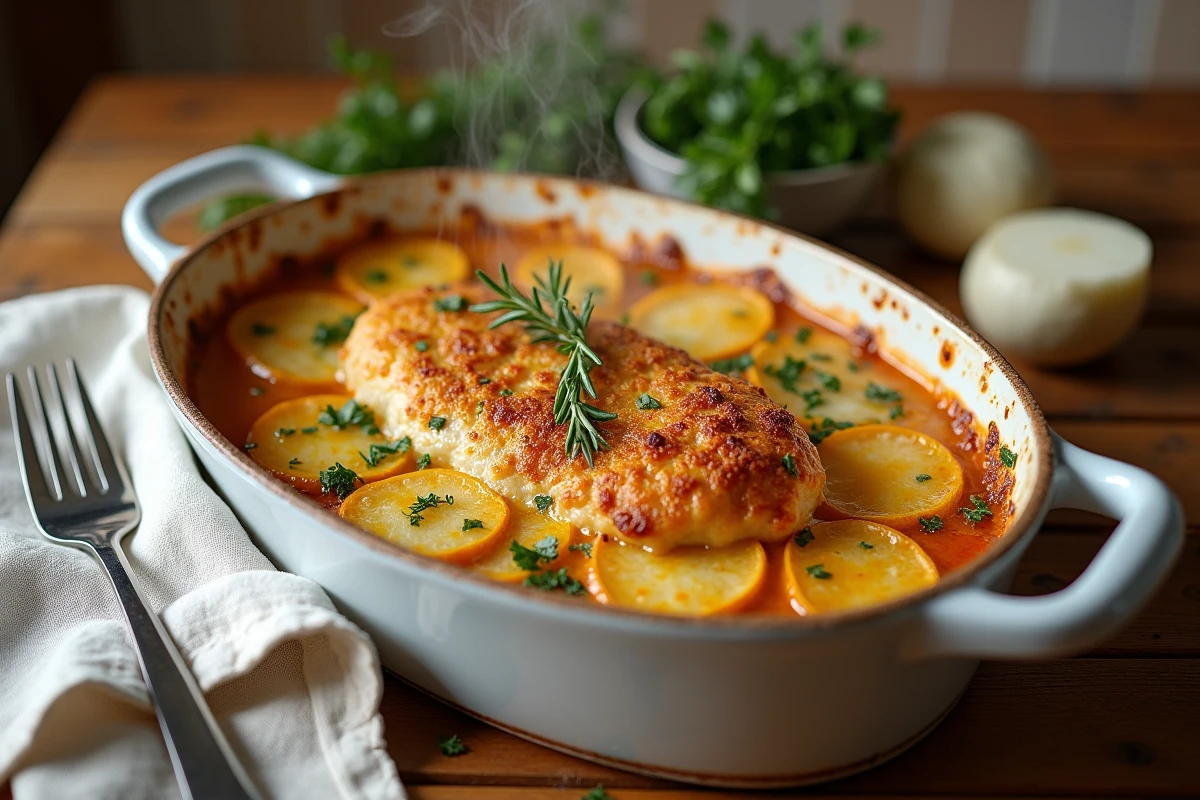 Escalope de poulet au four façon gratin familial dorée et gratinée dans un plat en céramique blanche sur une table en bois rustique
