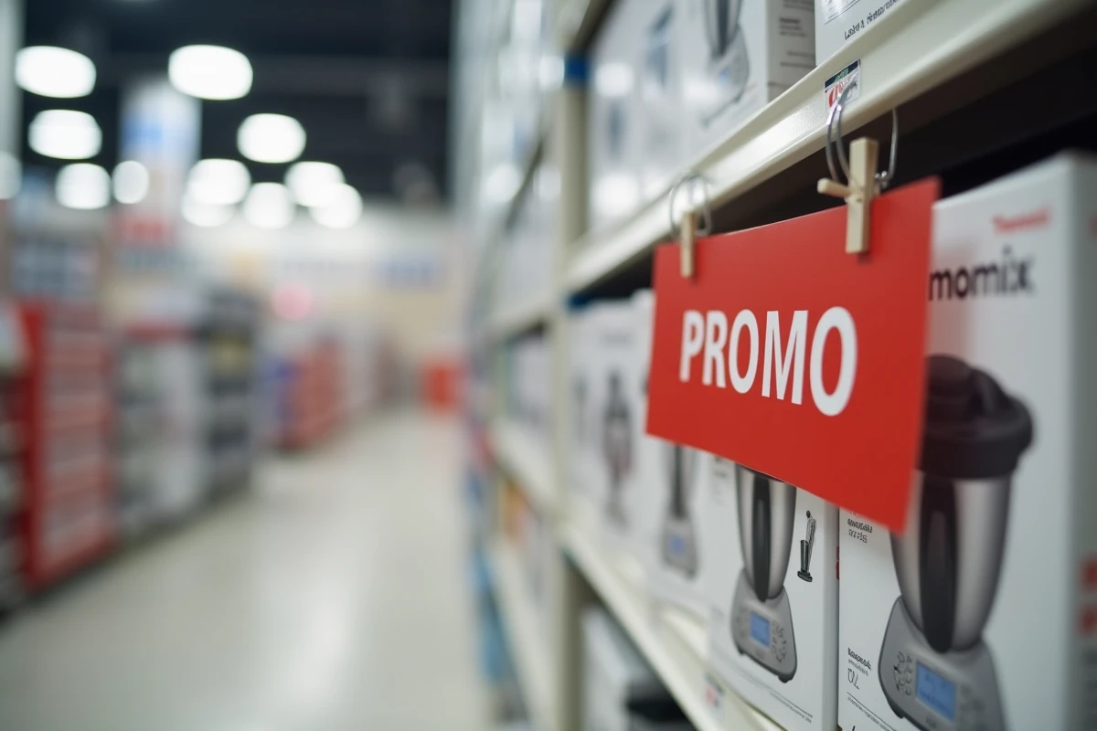 Étiquette promotionnelle rouge sur la boîte d'un Thermomix en rayon de magasin lors d'une période de soldes