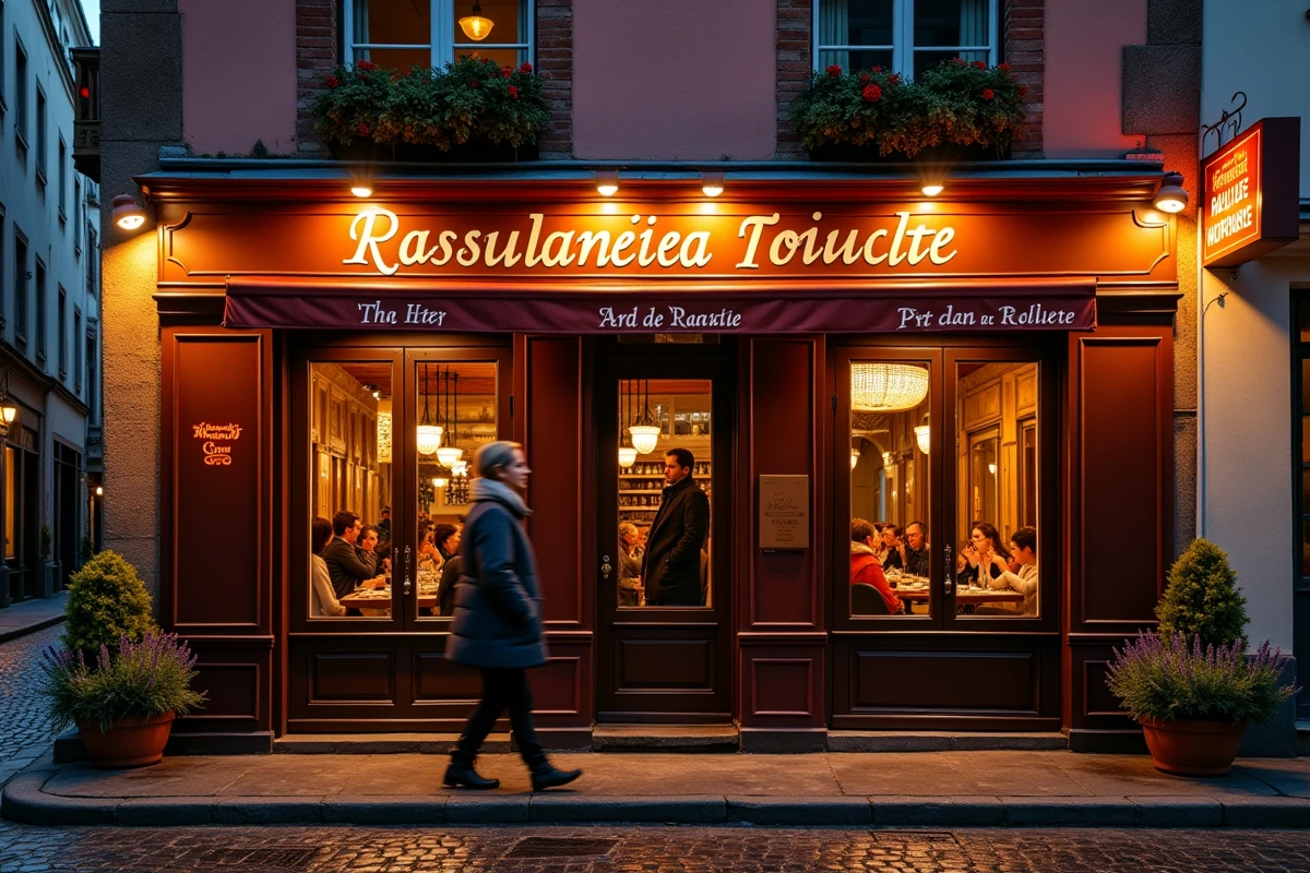 Façade en briques roses d'un restaurant à raclette de Toulouse avec clients entrant le soir après 21h