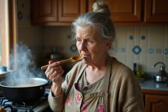 Femme âgée dégustant une soupe vermicelli maison dans la cuisine