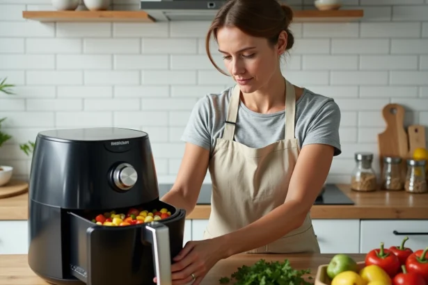 Femme préparant des légumes dans un Air Fryer Ninja pour le batch cooking de la semaine