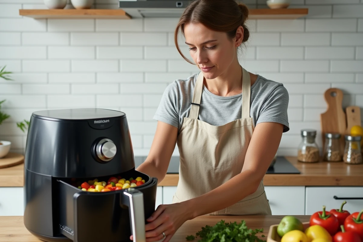 Femme préparant des légumes dans un Air Fryer Ninja pour le batch cooking de la semaine