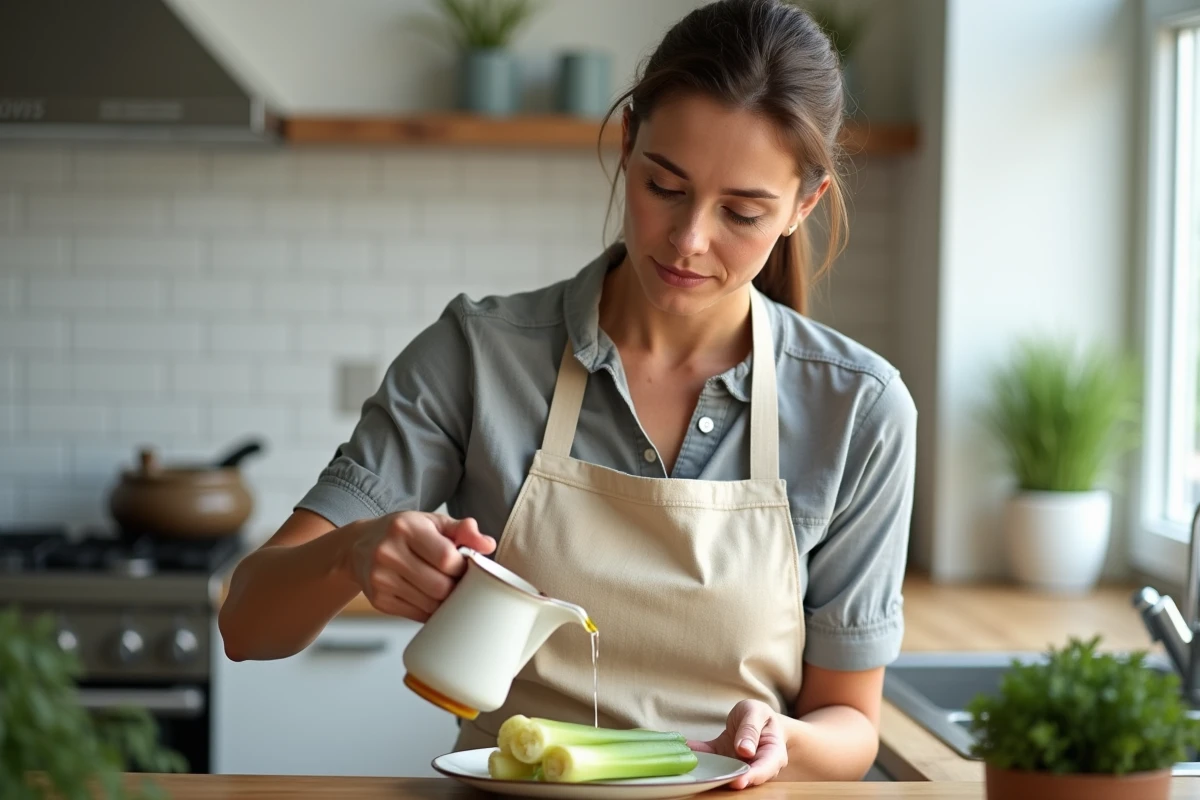 Femme en tablier versant de l'huile d'olive sur des poireaux bouillis dans une cuisine moderne, illustration d'un assaisonnement après cuisson