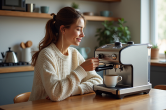 Jeune femme versant du cafe dans une tasse en cuisine moderne