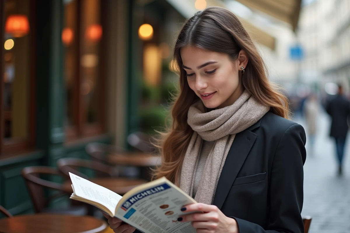 Jeune femme lisant guide Michelin dans un café parisien