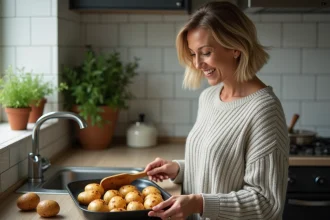 Femme souriante vérifiant des pommes de terre rôties dorées dans la cuisine
