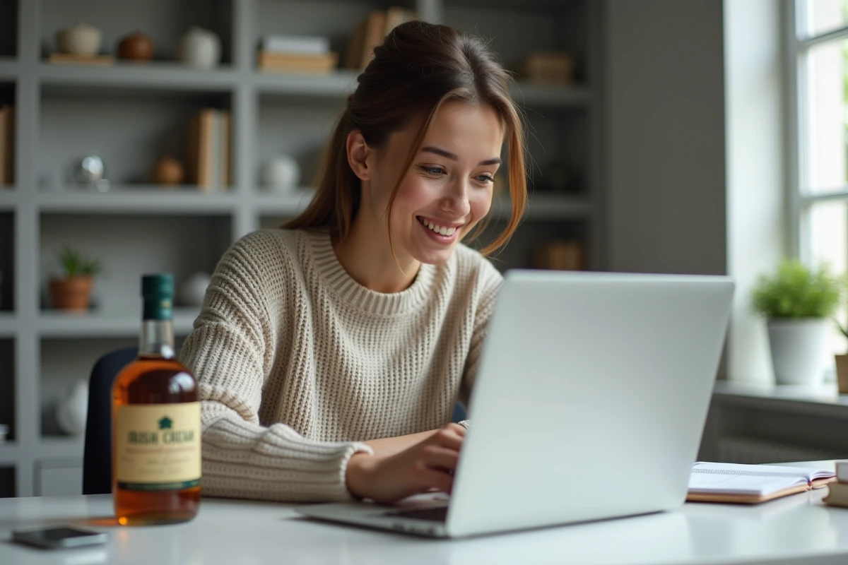 Femme comparant les prix de la liqueur irlandaise en ligne sur smartphone avec une bouteille posée sur le bureau