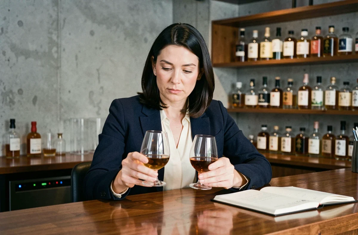 Femme comparant deux verres de whisky japonais dans un bar lounge moderne avec des étagères de bouteilles en arrière-plan