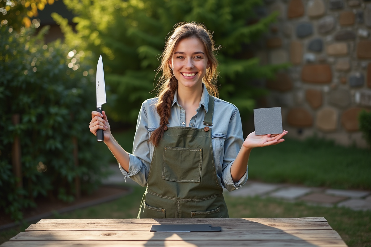 Jeune femme montrant un couteau et un échantillon d acier