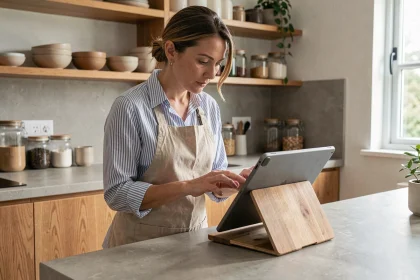 Femme consultant une application de cuisine sur tablette dans une cuisine moderne avec îlot en bois et étagères ouvertes