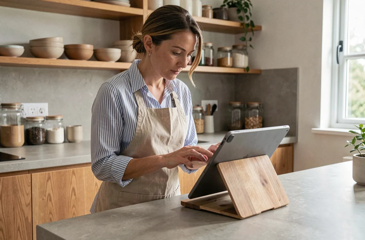Femme consultant une application de cuisine sur tablette dans une cuisine moderne avec îlot en bois et étagères ouvertes