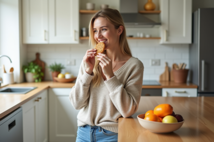 Femme souriante dans la cuisine avec biscuit et ambiance chaleureuse