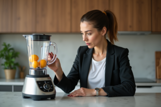 Femme examinant un blender haut de gamme dans une cuisine moderne