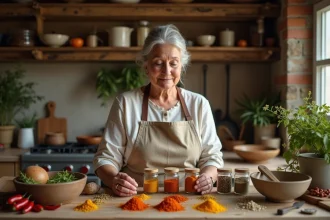 Femme arrangeant des bocaux d'épices colorées sur un comptoir en bois dans une cuisine rustique