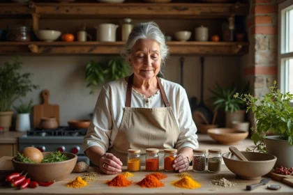 Femme arrangeant des bocaux d'épices colorées sur un comptoir en bois dans une cuisine rustique