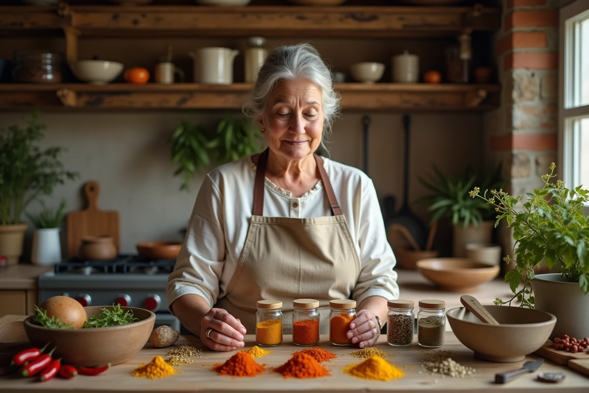 Femme arrangeant des bocaux d'épices colorées sur un comptoir en bois dans une cuisine rustique