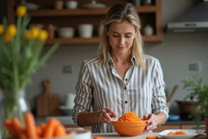 Femme d'âge moyen dans une cuisine chaleureuse regarde un bol de carottes râpées