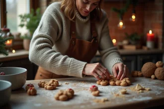 Femme française préparant des crépinettes de Noël à la maison