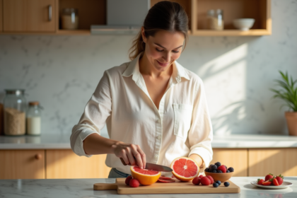 Femme en cuisine avec fruits et ambiance lumineuse