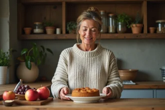 Femme en pull préparant un gâteau aux pommes dans la cuisine