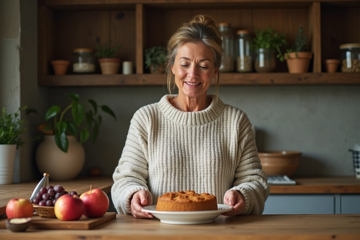 Femme en pull préparant un gâteau aux pommes dans la cuisine