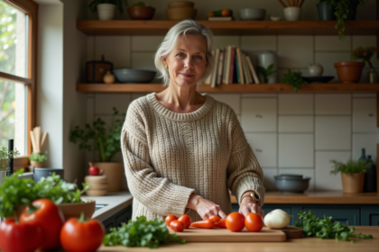 Femme en tricot préparant des légumes frais dans la cuisine