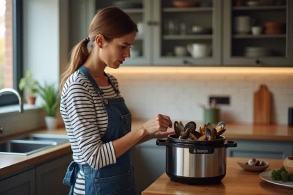 Femme examinant des moules cuites dans une cuisine moderne